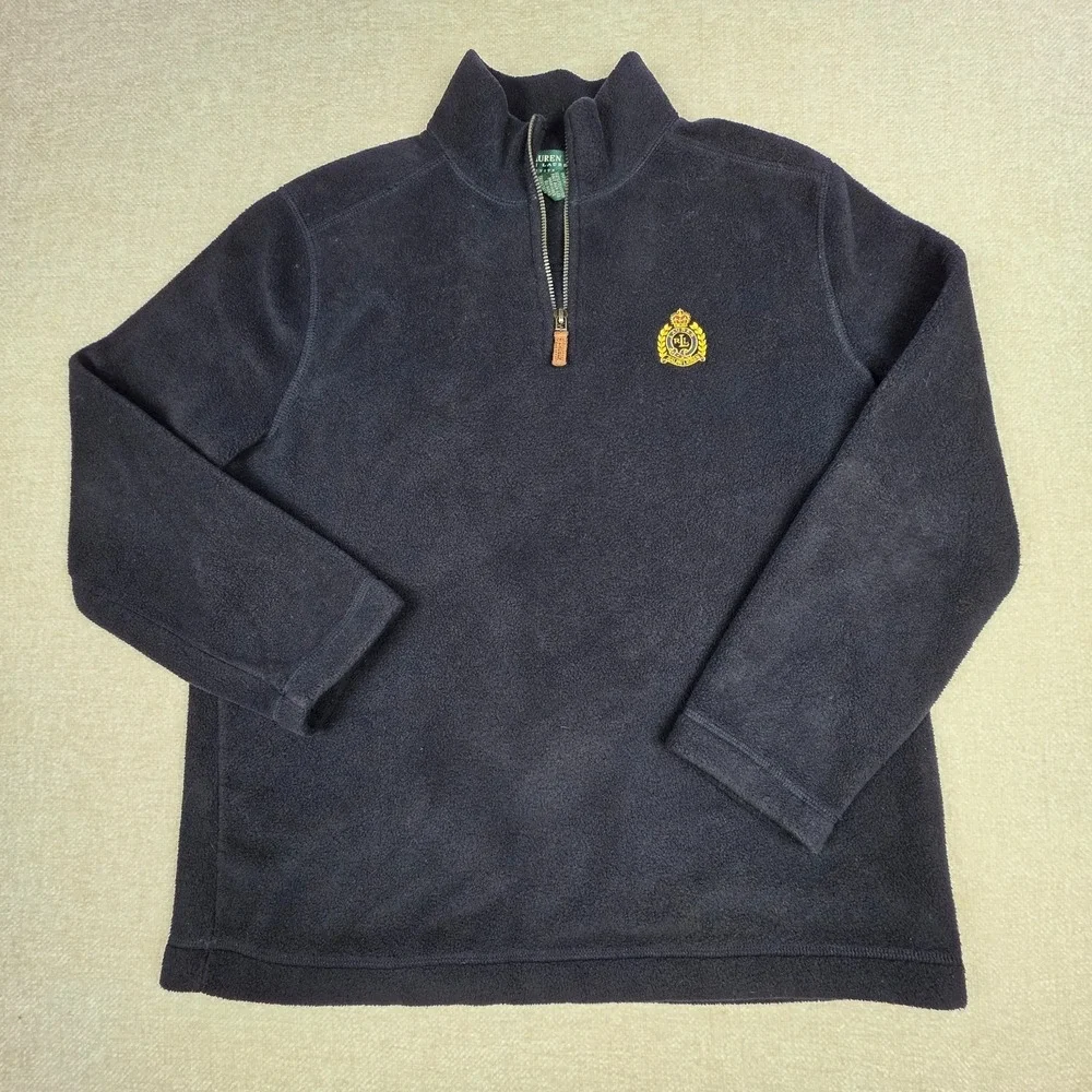 Lauren Ralph Lauren Fleece Pullover Womens Petite M Black Quarter Zip Crest Logo